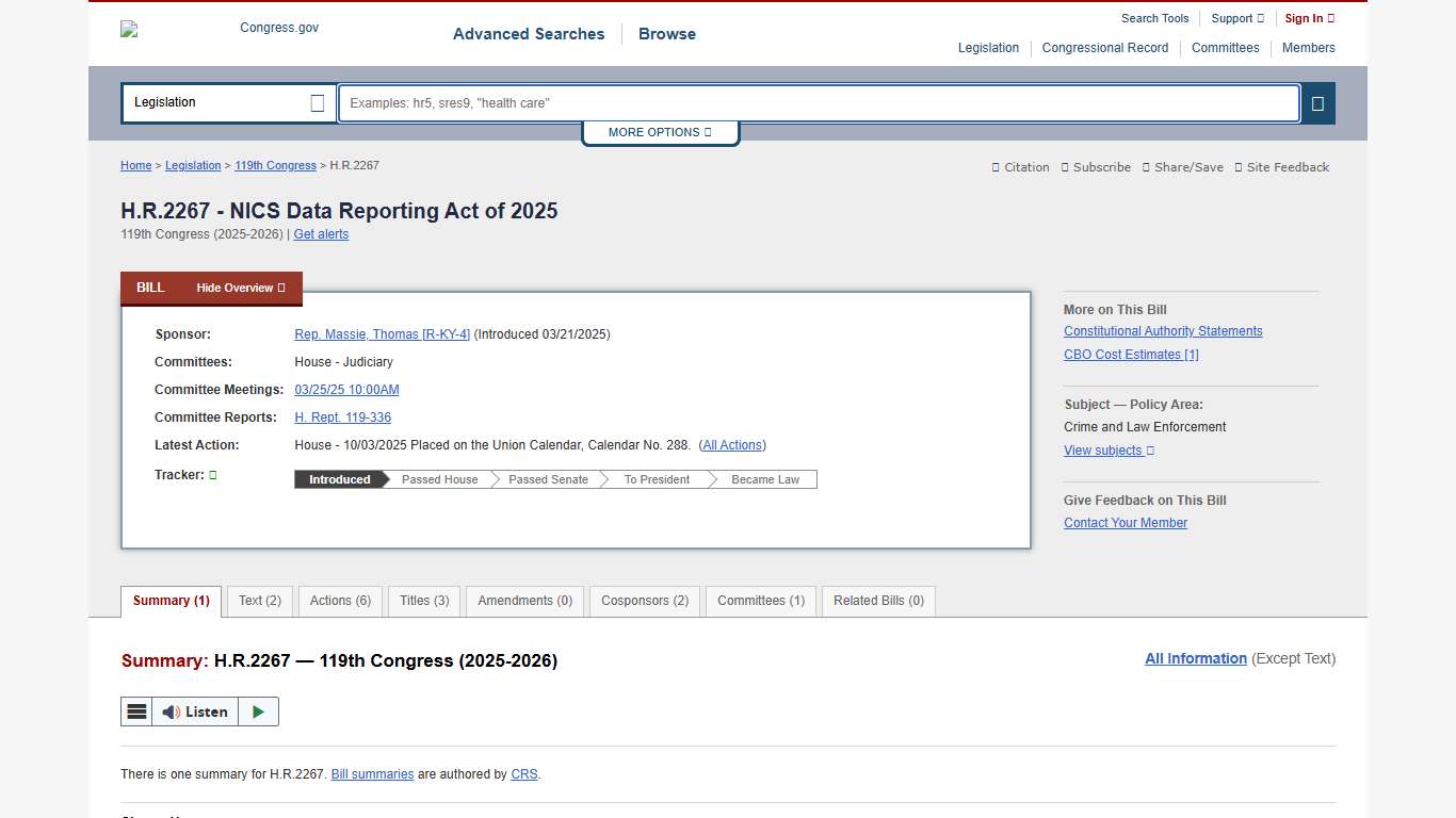 H.R.2267 - 119th Congress (2025-2026): NICS Data Reporting Act of 2025 Congress.gov Library of Congress