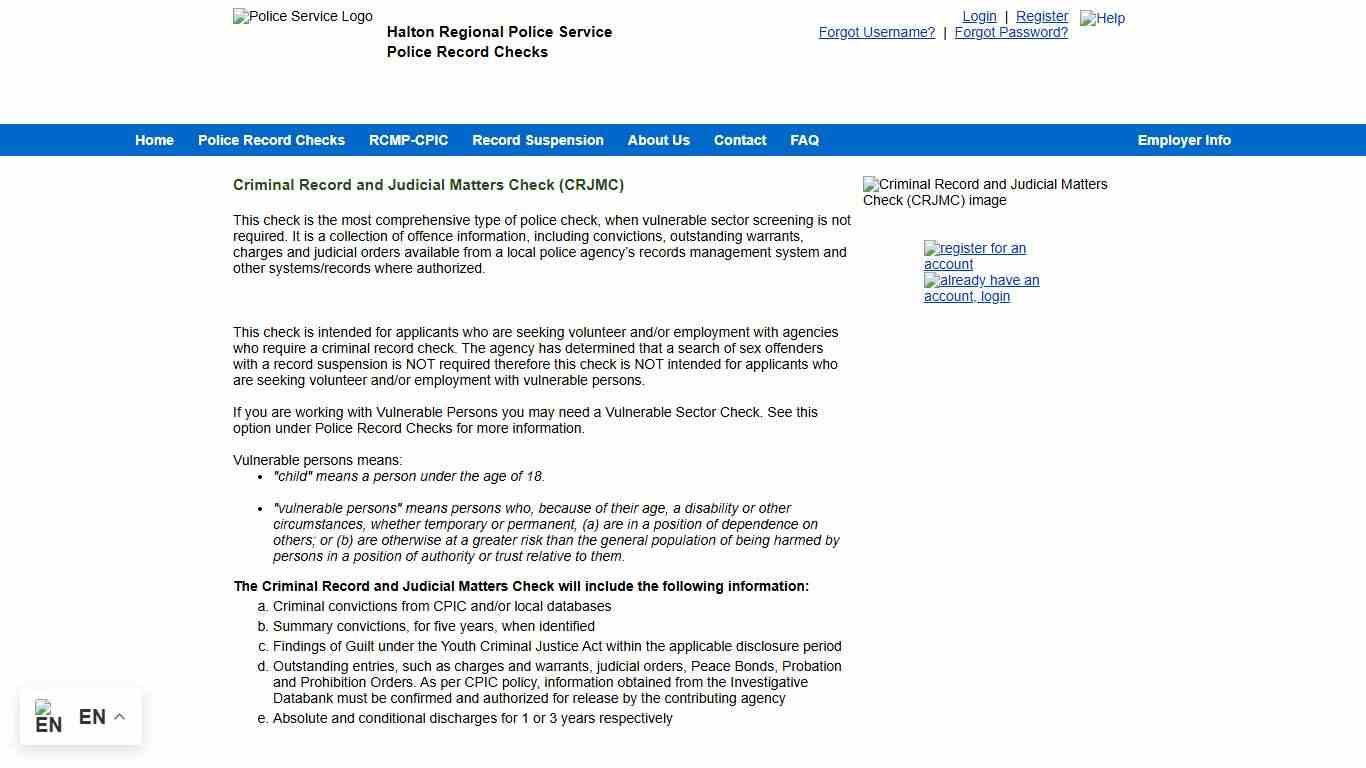 Police Record Checks :: Halton Regional Police Service :: Consumer :: Criminal Record and Judicial Matters Check (CRJMC)