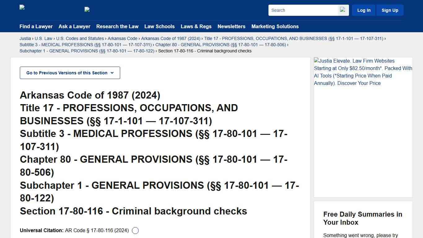 Arkansas Code § 17-80-116 (2024) - Criminal background checks :: 2024 Arkansas Code :: U.S. Codes and Statutes :: U.S. Law :: Justia